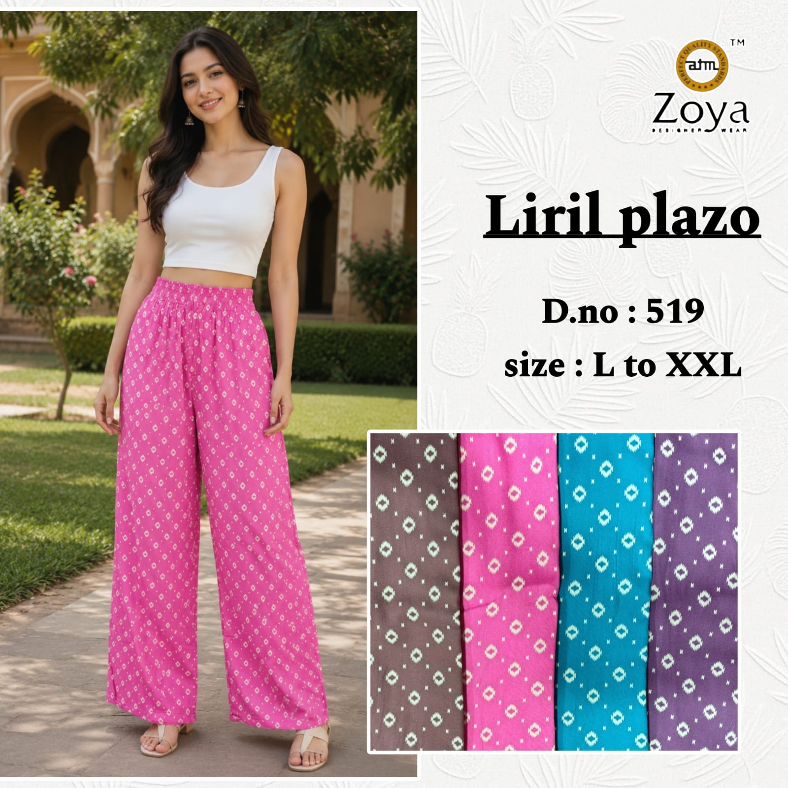 Liril Print 0308 Zoya Rayon Branded Palazzo Manufacturer Gujarat