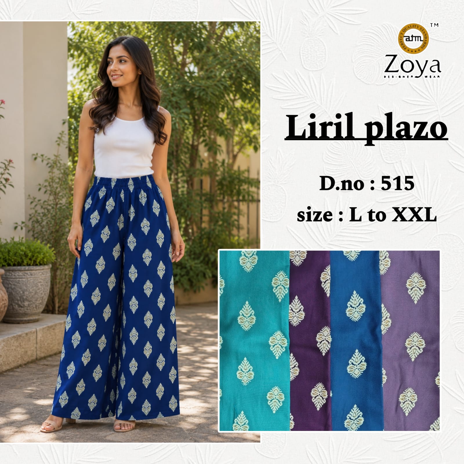 Liril Print 0308 Zoya Rayon Branded Palazzo Manufacturer Gujarat