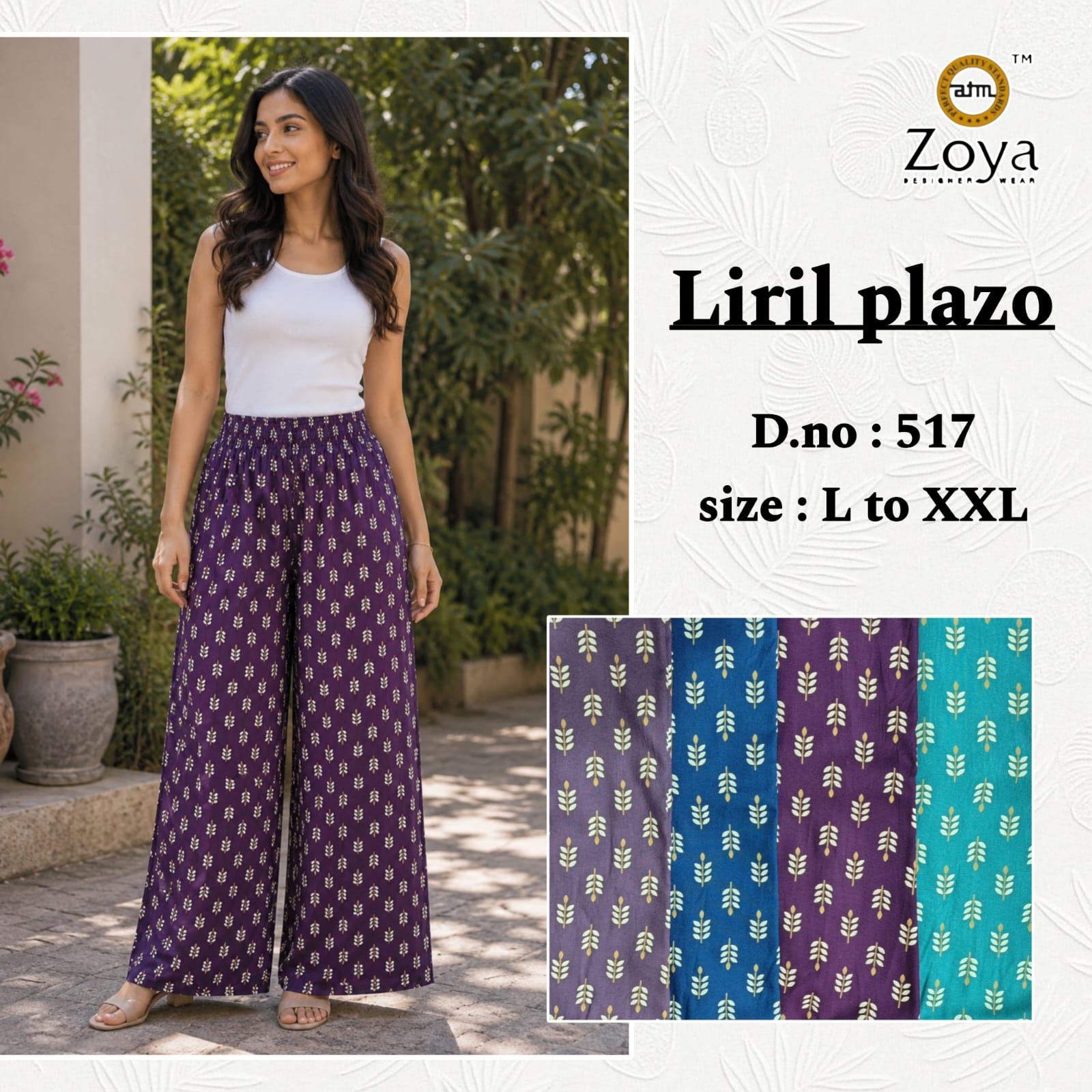 Liril Print 0308 Zoya Rayon Branded Palazzo Manufacturer Gujarat
