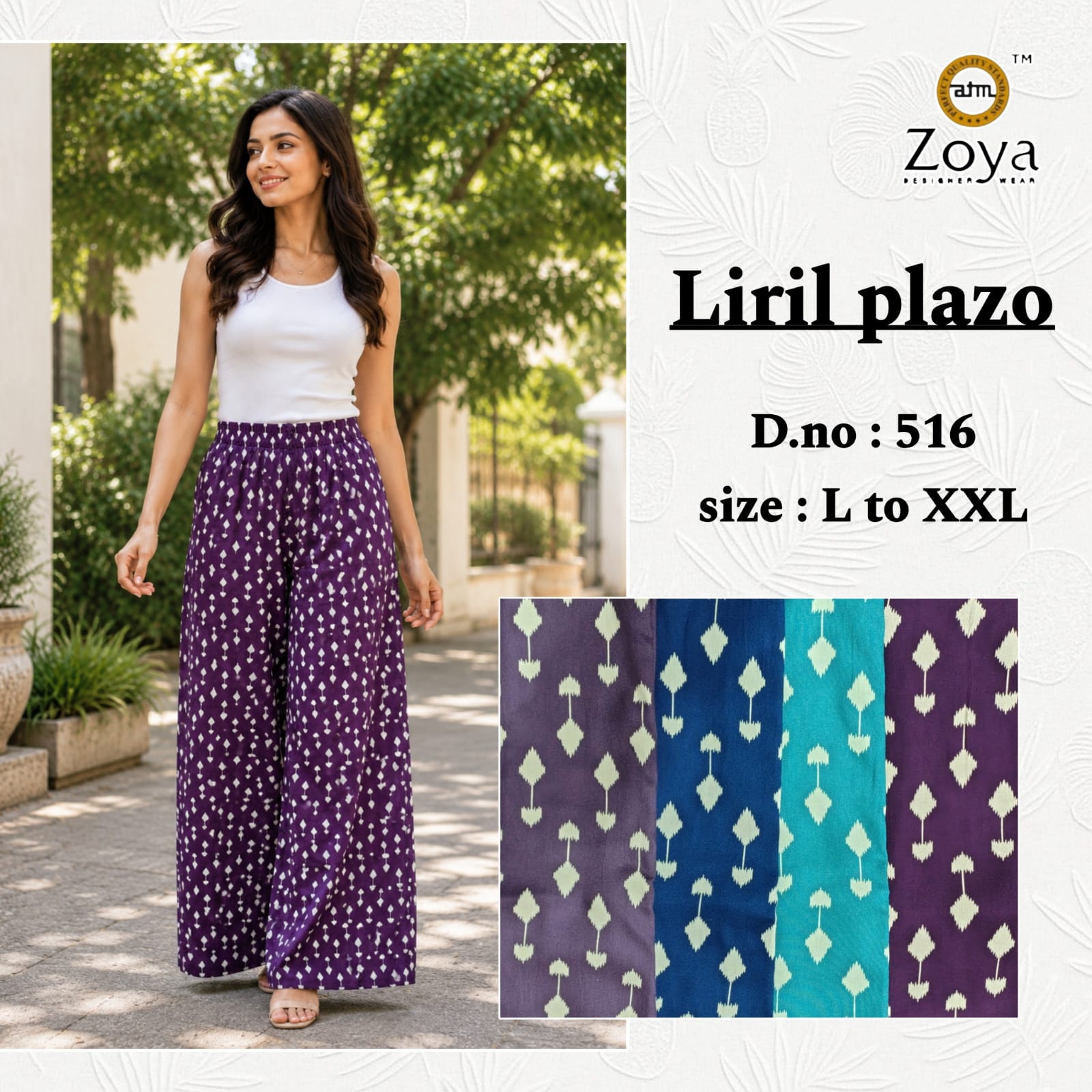 Liril Print 0308 Zoya Rayon Branded Palazzo Manufacturer Gujarat