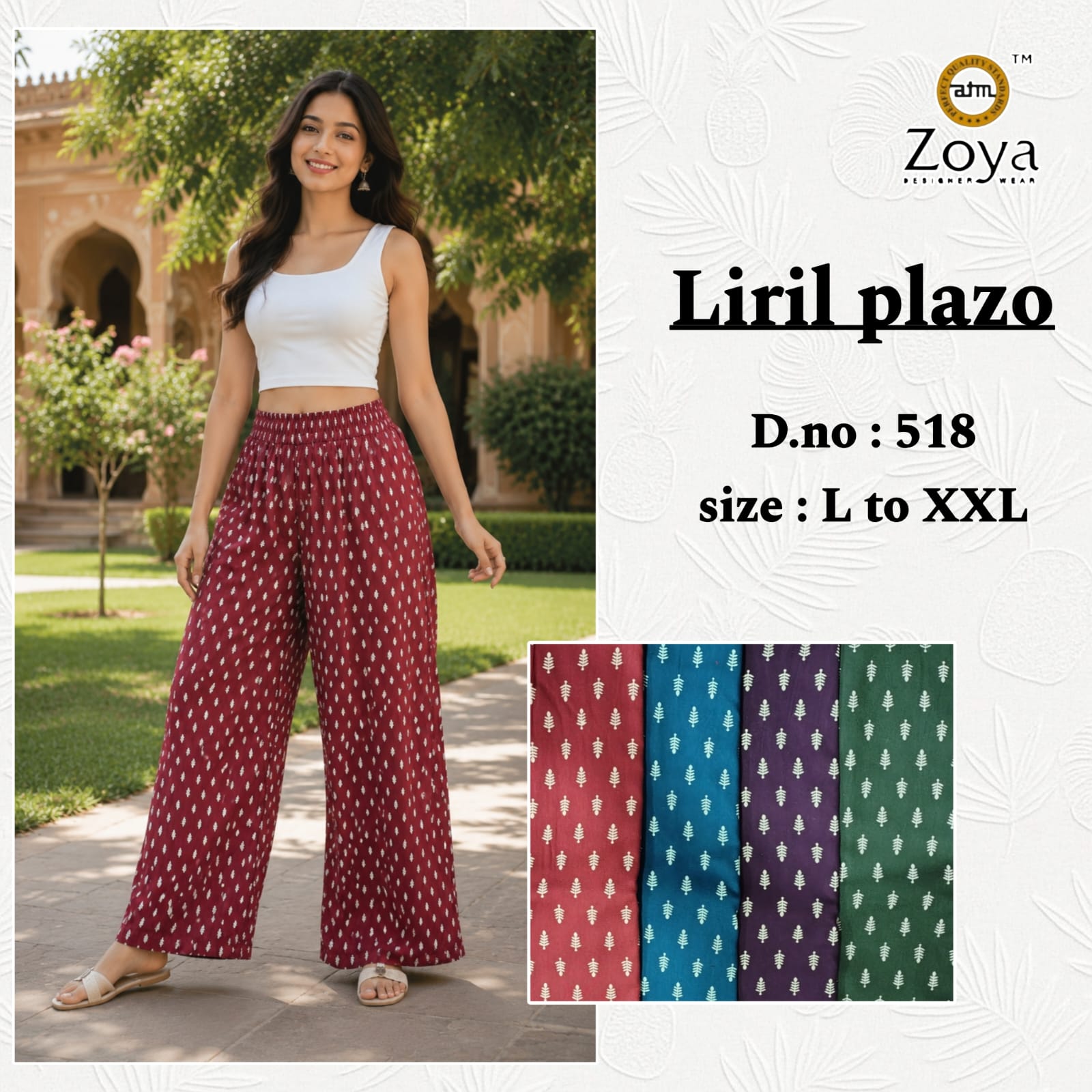 Liril Print 0308 Zoya Rayon Branded Palazzo Manufacturer Gujarat