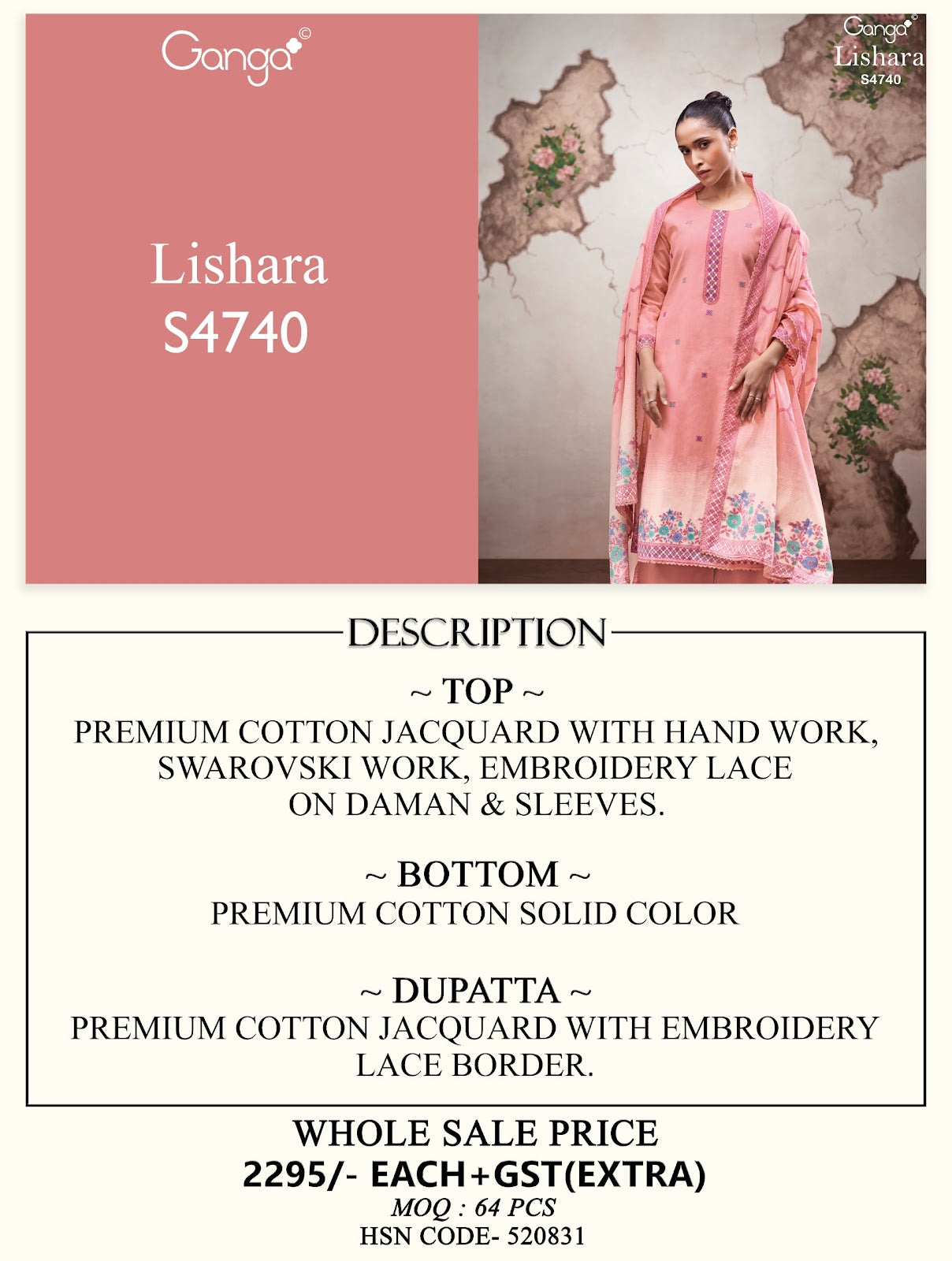 Lishara 4740 Ganga Cotton Jacquard Plazzo Style Suits Wholesale Rate