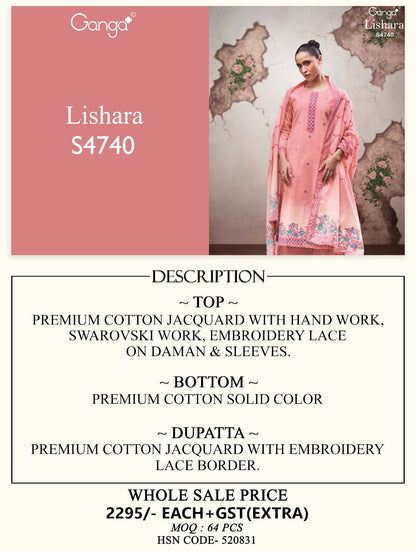 Lishara 4740 Ganga Cotton Jacquard Plazzo Style Suits Wholesale Rate