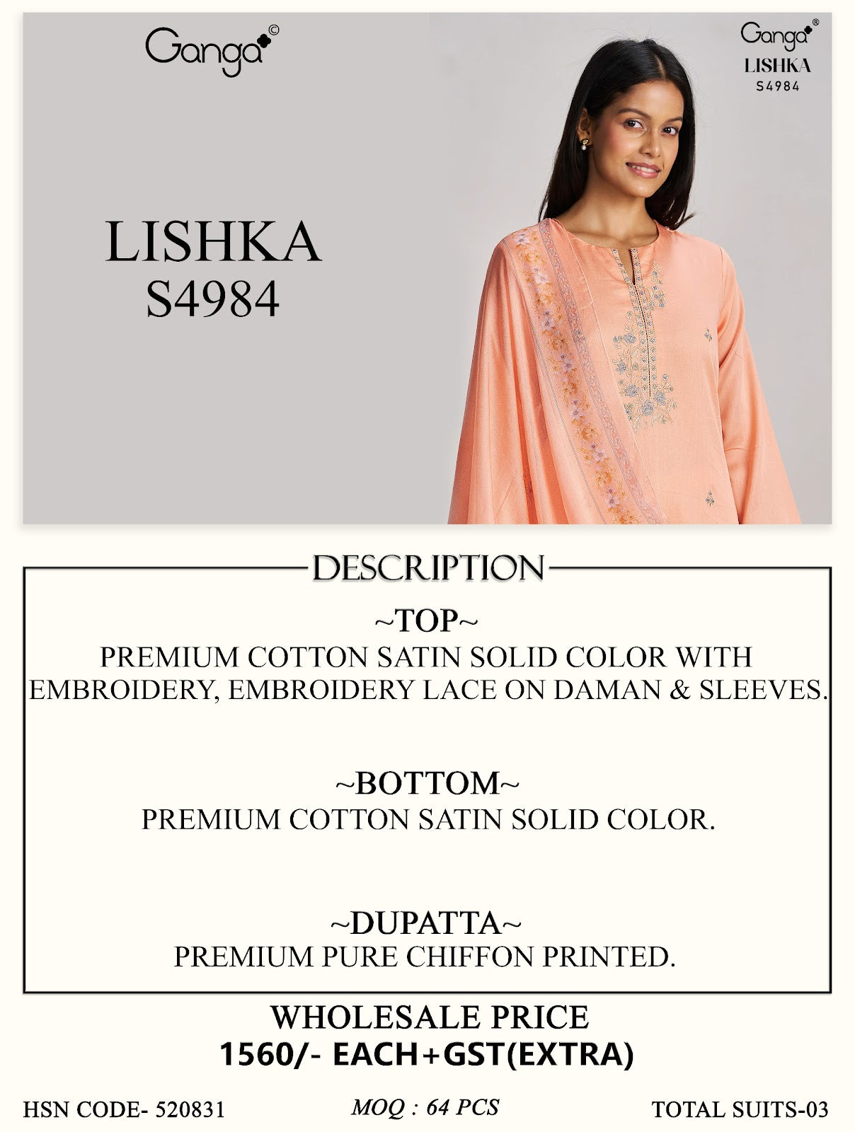 Lishka S4984 Ganga Cotton Satin Pant Style Suits Exporter India