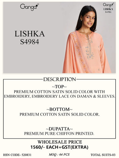 Lishka S4984 Ganga Cotton Satin Pant Style Suits Exporter India