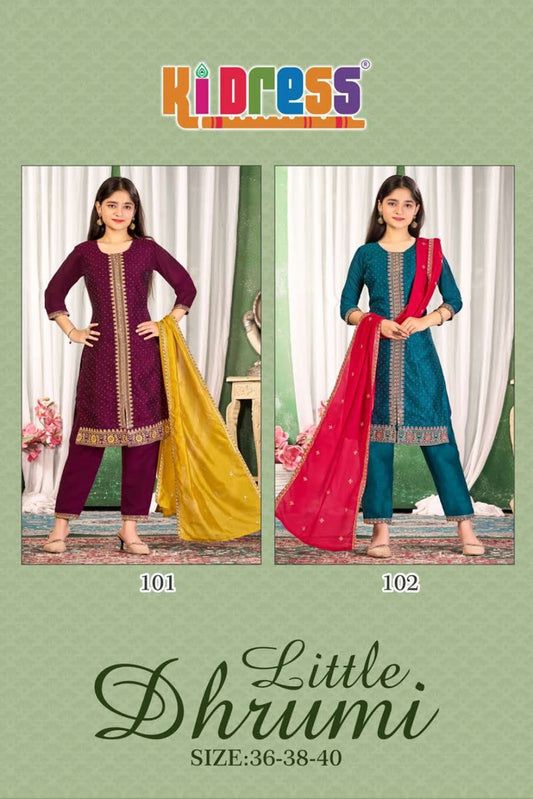 Little Dhrumi Kidress Aanchi Vichitra Silk Girls Readymade Pant Suits Wholesale Rate