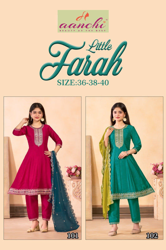 Little Farah Anarkali Aanchi Vichitra Silk Girls Readymade Pant Suits Wholesaler