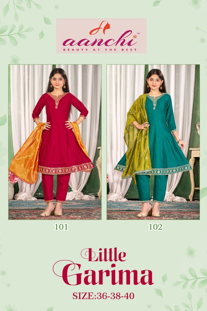 Little Garima Anarkali Aanchi Vichitra Silk Girls Readymade Pant Suits Wholesaler Ahmedabad