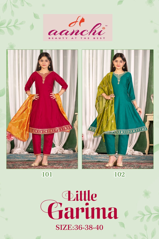 Little Garima Anarkali Aanchi Vichitra Silk Girls Readymade Pant Suits Wholesaler Ahmedabad