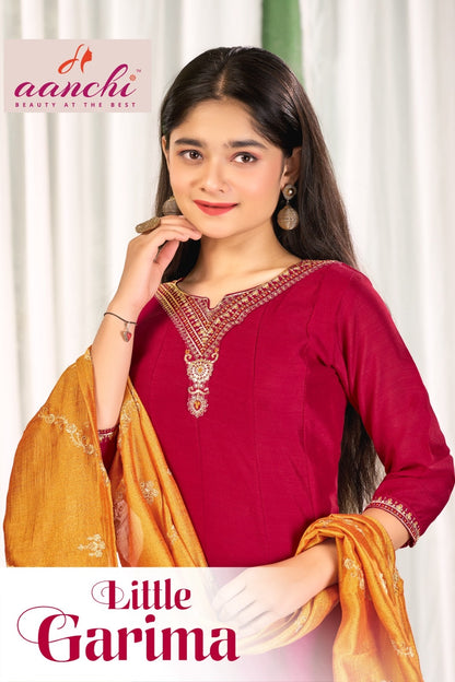 Little Garima Anarkali Aanchi Vichitra Silk Girls Readymade Pant Suits Wholesaler Ahmedabad