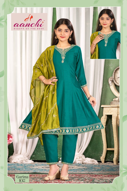 Little Garima Anarkali Aanchi Vichitra Silk Girls Readymade Pant Suits Wholesaler Ahmedabad