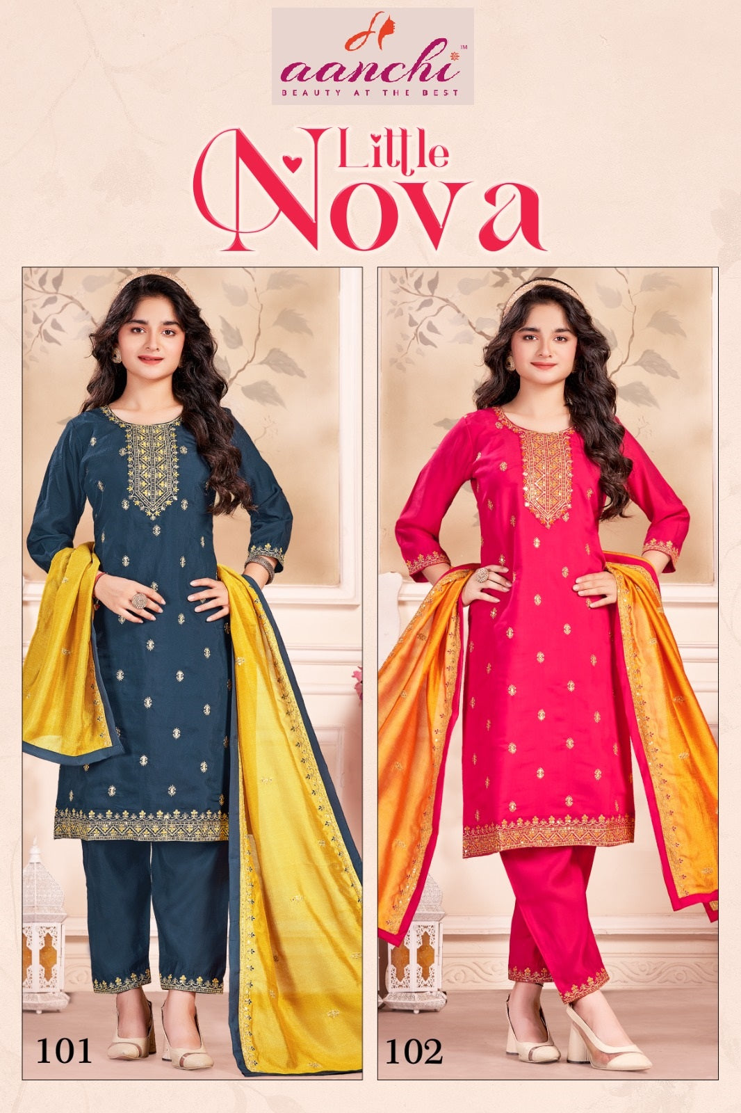 Little Nova Aanchi Roman Silk Girls Readymade Pant Suits Wholesale Price