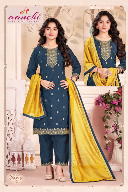 Little Nova Aanchi Roman Silk Girls Readymade Pant Suits Wholesale Price