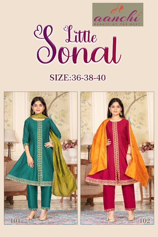 Little Sonal Anarkali Aanchi Vichitra Silk Girls Readymade Pant Suits Manufacturer Gujarat