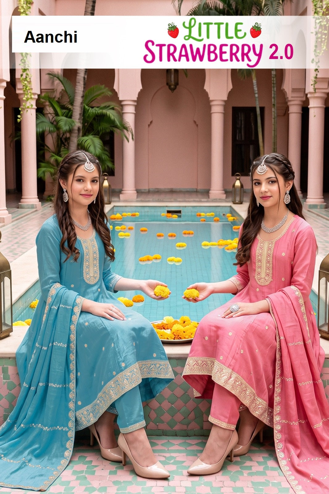 Little Strawberry 2.0 Aanchi Vichitra Silk Girls Readymade Pant Suits Supplier Ahmedabad