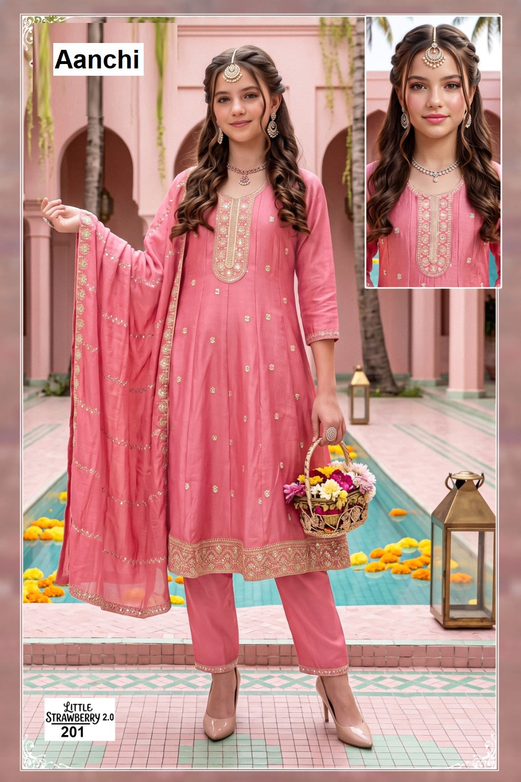 Little Strawberry 2.0 Aanchi Vichitra Silk Girls Readymade Pant Suits Supplier Ahmedabad