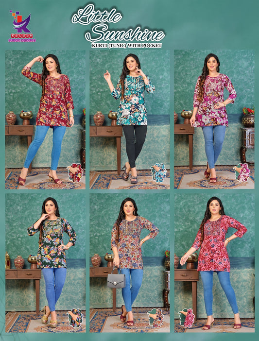 Little Sunshine Mlm Kalash Lifestyle Rayon 14Kg Short Kurtis Wholesale