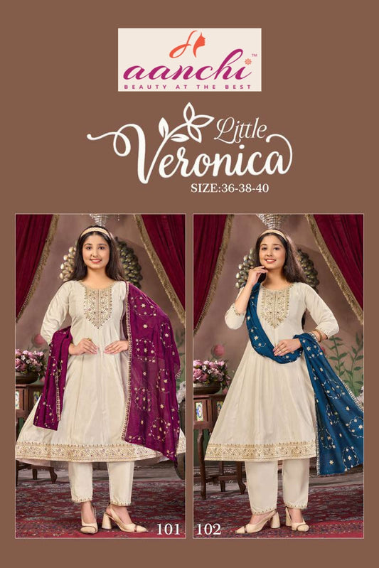Little Veronica Anarkali Aanchi Vichitra Silk Girls Readymade Pant Suits Supplier Ahmedabad