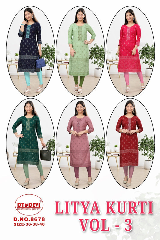 Litya Vol 3 8678 Dt Devi Rayon Knee Length Kurtis Manufacturer India