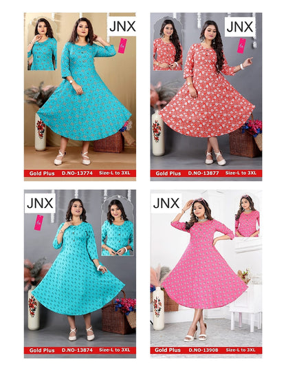 Liva Gold Plus Jnx Rayon Anarkali Kurtis Wholesaler Gujarat