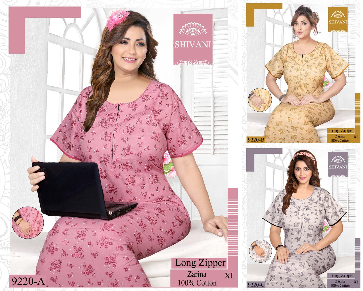 Liza Long Zipper Shivani Cotton Night Gowns Supplier Ahmedabad