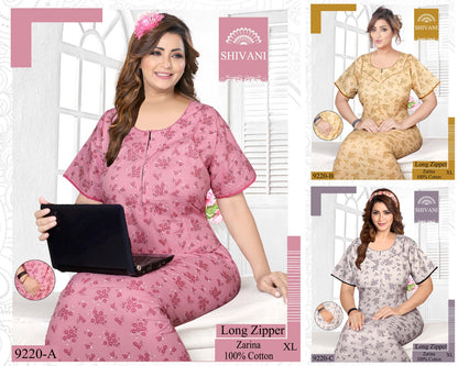 Liza Long Zipper Shivani Cotton Night Gowns Supplier Ahmedabad