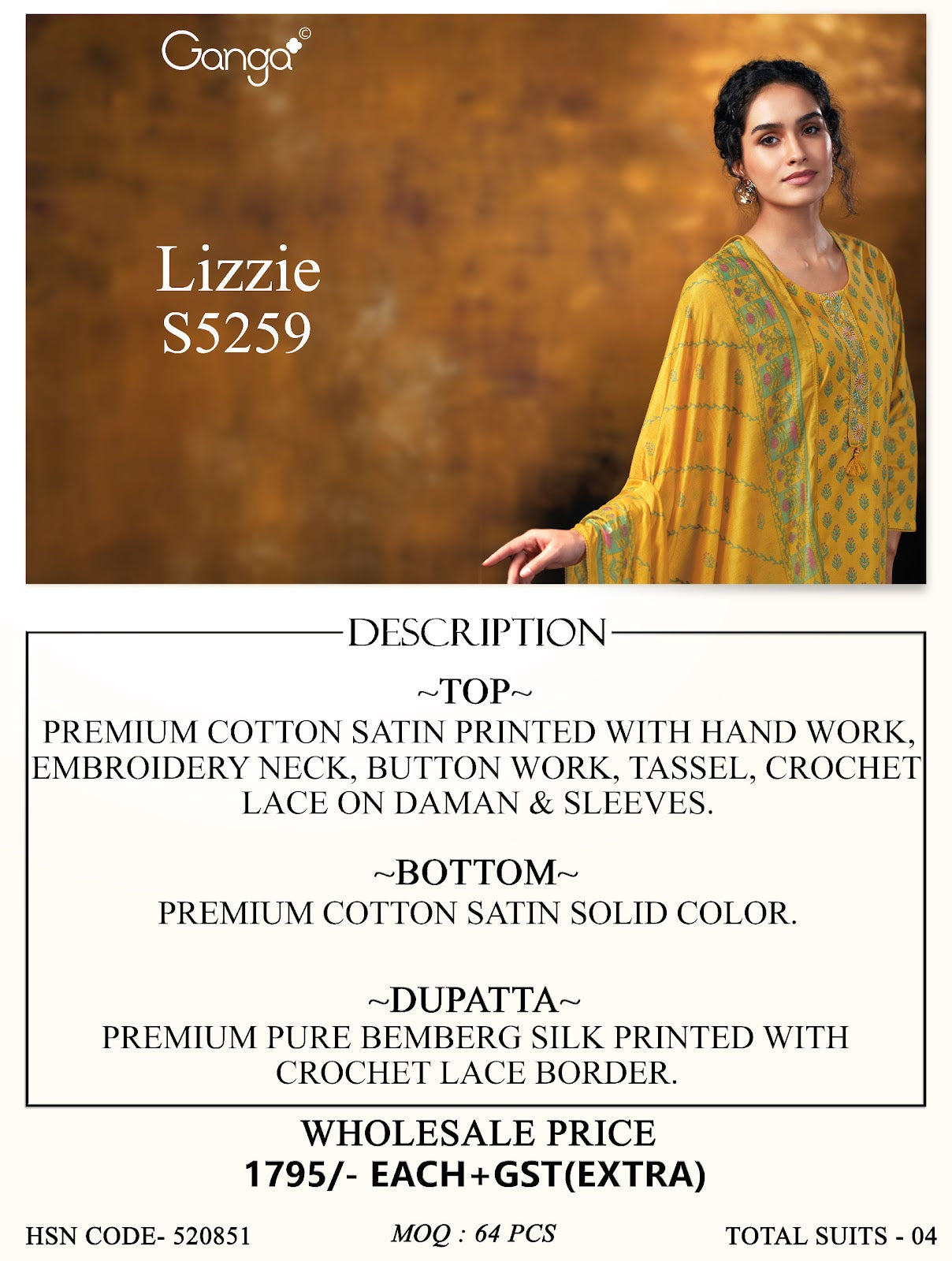 Lizzie S5259 Ganga Cotton Satin Plazzo Style Suits Wholesale Price