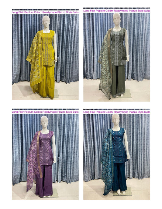 Long Flair Peplum Colorx Roman Silk Readymade Plazzo Style Suits Manufacturer Ahmedabad