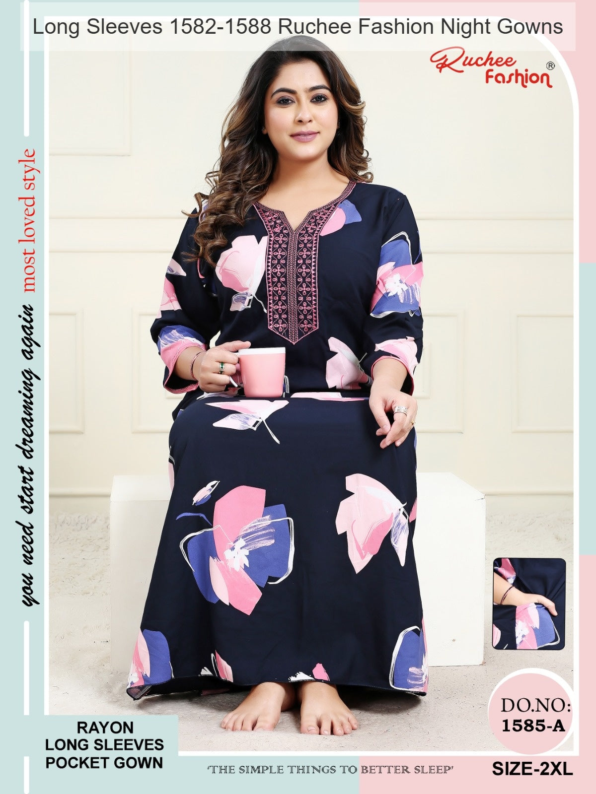 Long Sleeves 1582-1588 Ruchee Fashion Rayon Night Gowns Wholesaler Gujarat