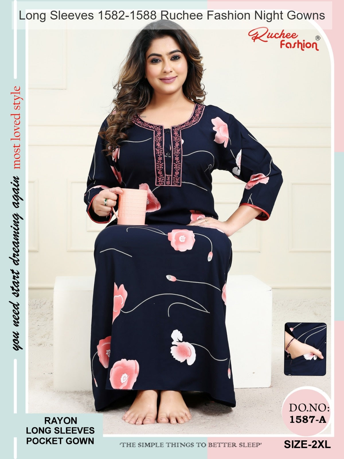 Long Sleeves 1582-1588 Ruchee Fashion Rayon Night Gowns Wholesaler Gujarat