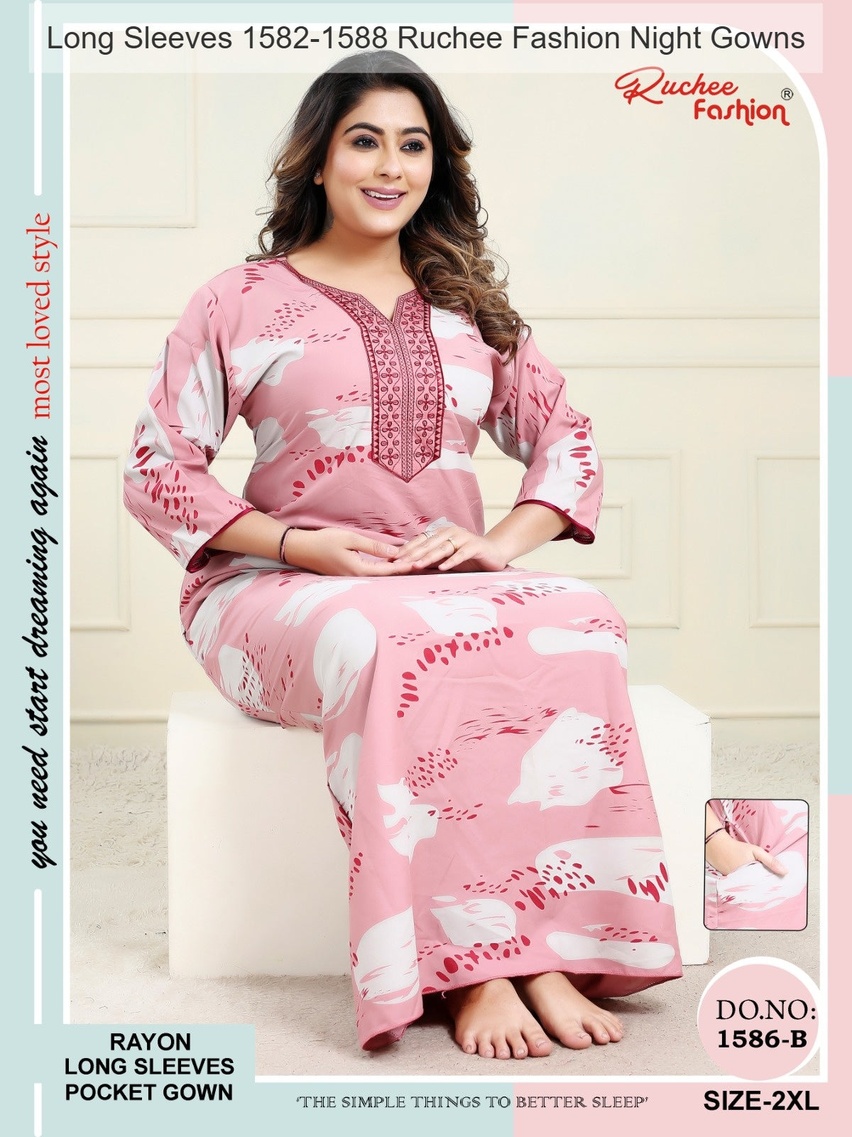 Long Sleeves 1582-1588 Ruchee Fashion Rayon Night Gowns Wholesaler Gujarat