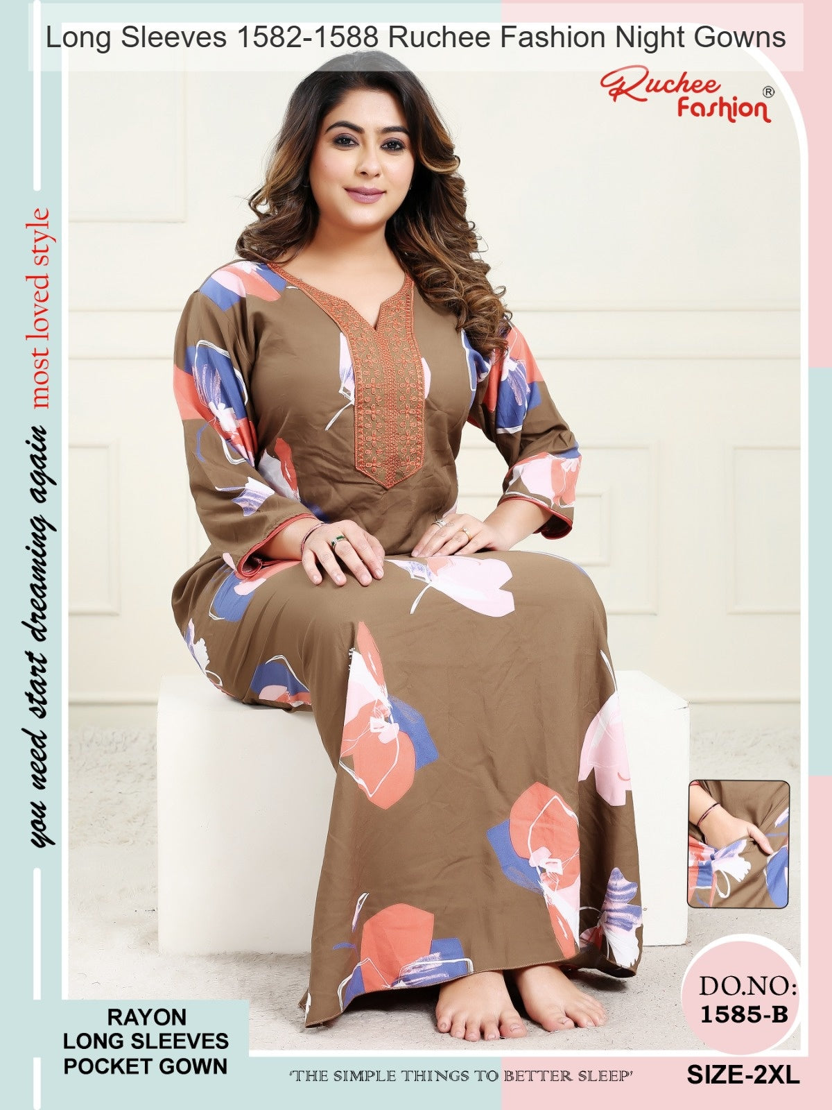 Long Sleeves 1582-1588 Ruchee Fashion Rayon Night Gowns Wholesaler Gujarat