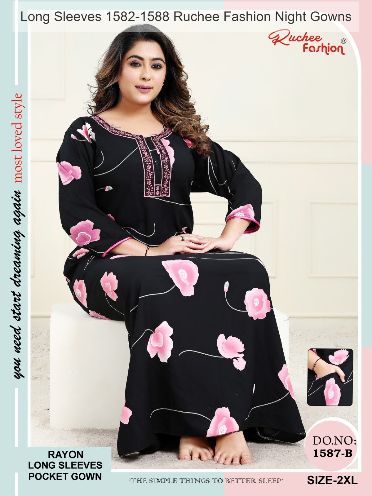 Long Sleeves 1582-1588 Ruchee Fashion Rayon Night Gowns Wholesaler Gujarat