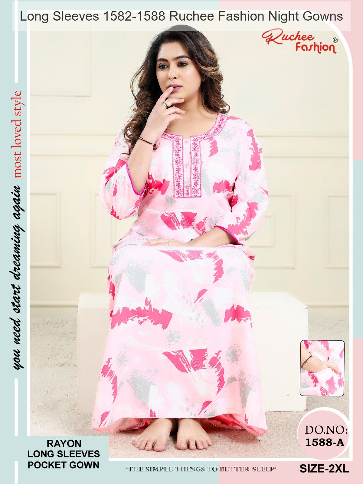 Long Sleeves 1582-1588 Ruchee Fashion Rayon Night Gowns Wholesaler Gujarat