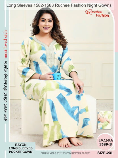 Long Sleeves 1582-1588 Ruchee Fashion Rayon Night Gowns Wholesaler Gujarat
