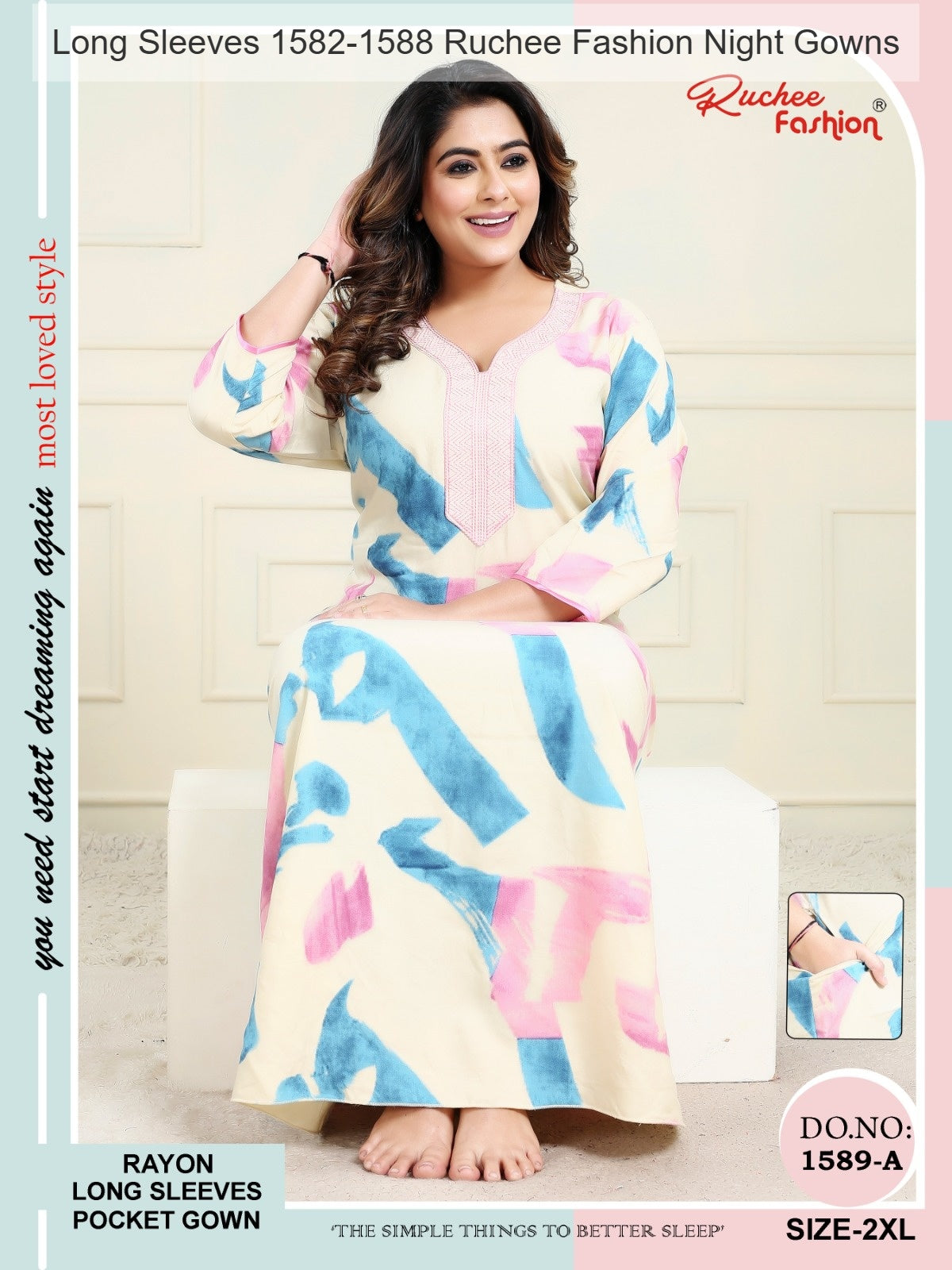 Long Sleeves 1582-1588 Ruchee Fashion Rayon Night Gowns Wholesaler Gujarat