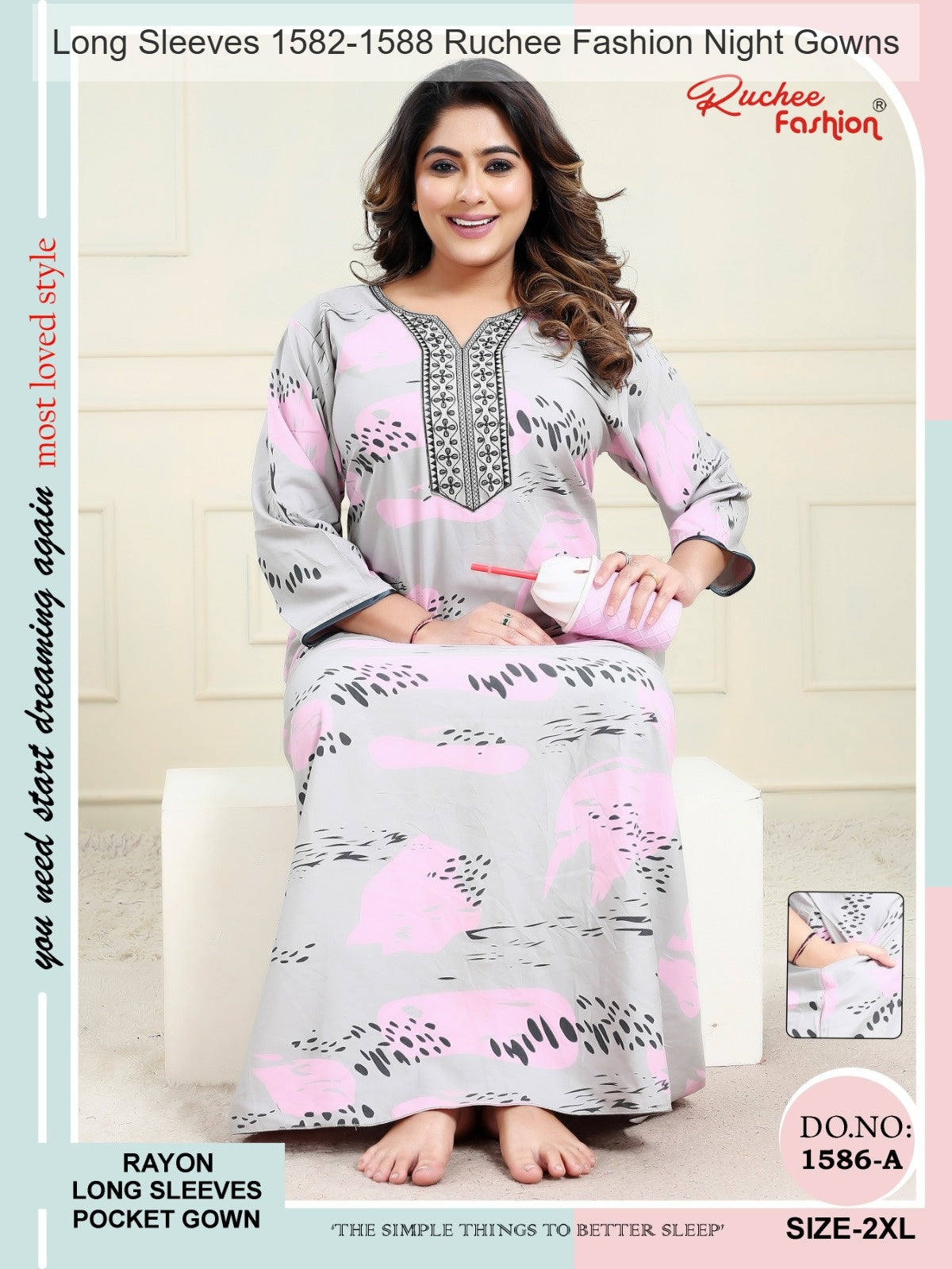 Long Sleeves 1582-1588 Ruchee Fashion Rayon Night Gowns Wholesaler Gujarat