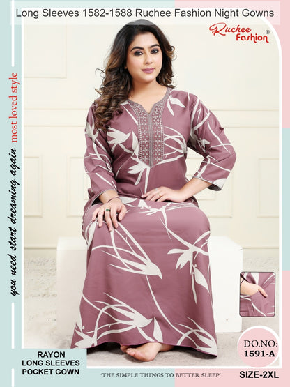 Long Sleeves 1582-1588 Ruchee Fashion Rayon Night Gowns Wholesaler Gujarat
