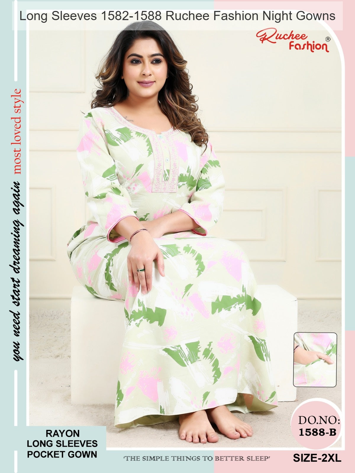 Long Sleeves 1582-1588 Ruchee Fashion Rayon Night Gowns Wholesaler Gujarat