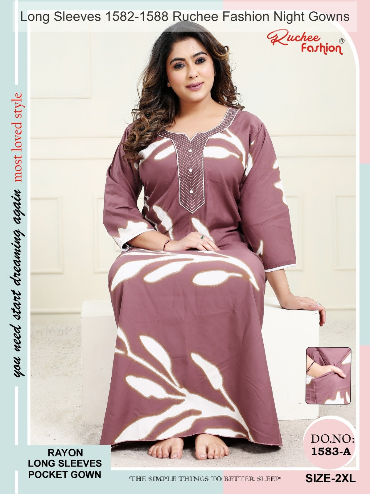 Long Sleeves 1582-1588 Ruchee Fashion Rayon Night Gowns Wholesaler Gujarat