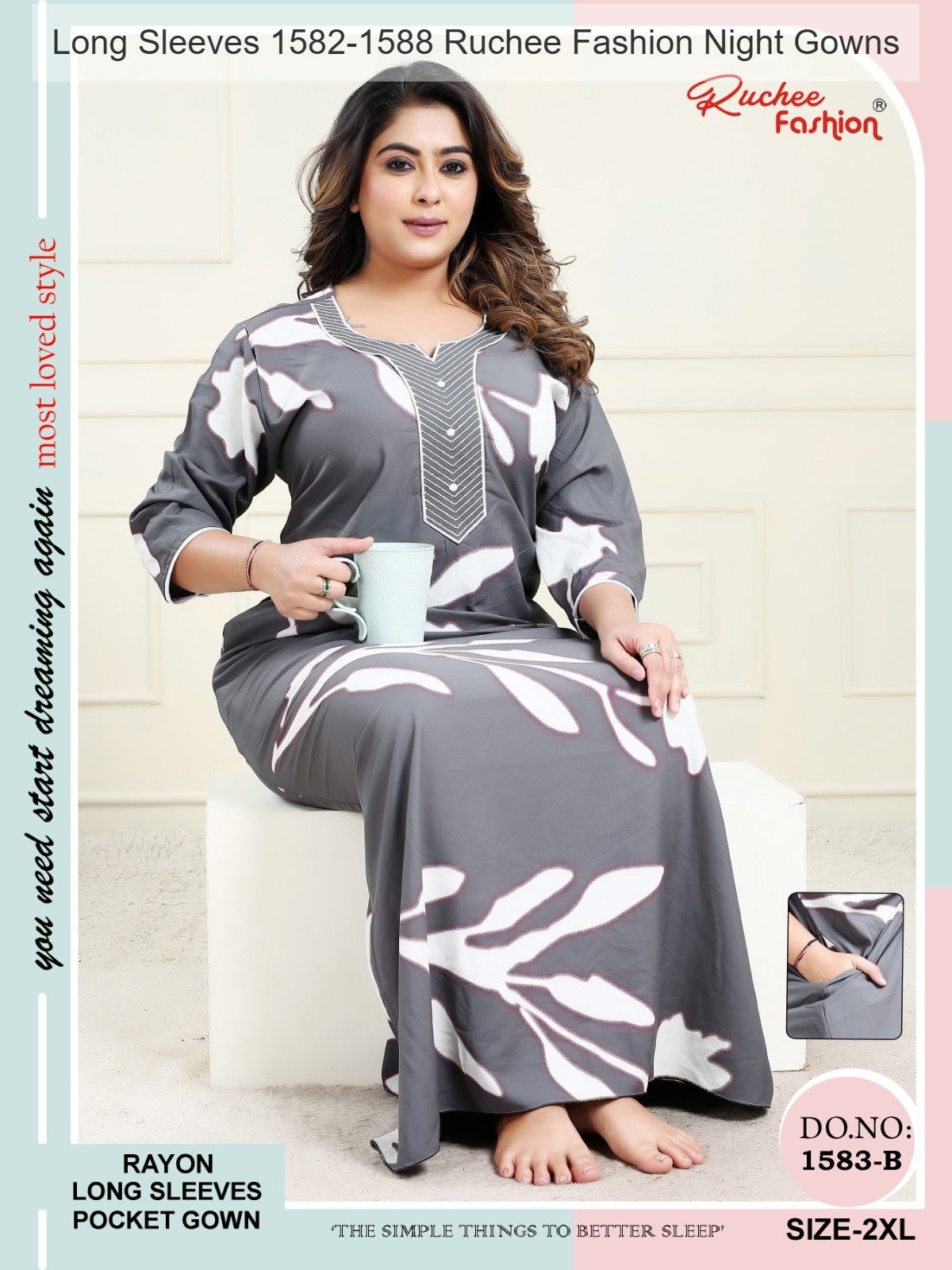 Long Sleeves 1582-1588 Ruchee Fashion Rayon Night Gowns Wholesaler Gujarat