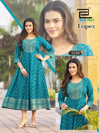 Lopez Blue Hills Rayon 14Kg Anarkali Kurtis Wholesale