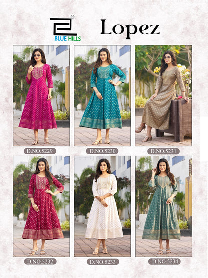Lopez Blue Hills Rayon 14Kg Anarkali Kurtis Wholesale