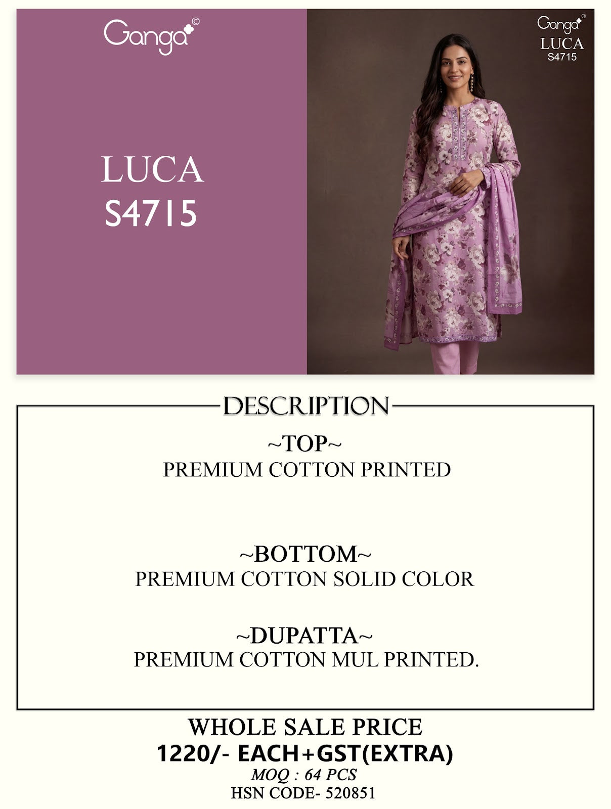 Luca 4715 Ganga Cotton Pant Style Suits Supplier Ahmedabad