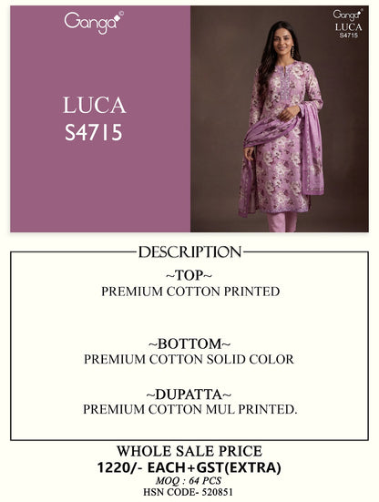 Luca 4715 Ganga Cotton Pant Style Suits Supplier Ahmedabad