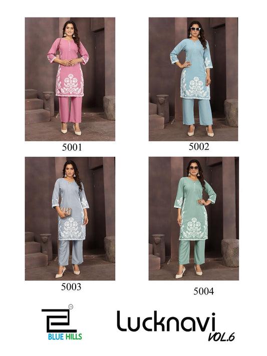 Lucknavi Vol 6 Blue Hills Rayon 14Kg Kurti Pant Set Exporter India