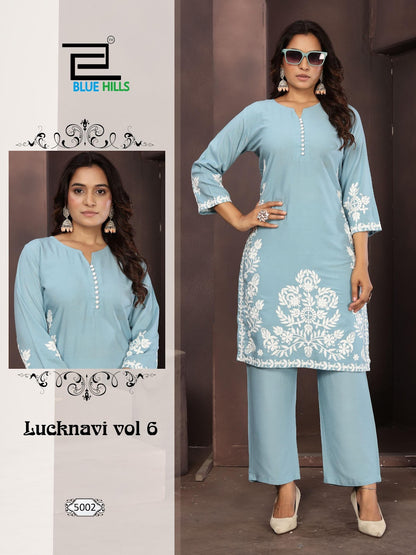 Lucknavi Vol 6 Blue Hills Rayon 14Kg Kurti Pant Set Exporter India