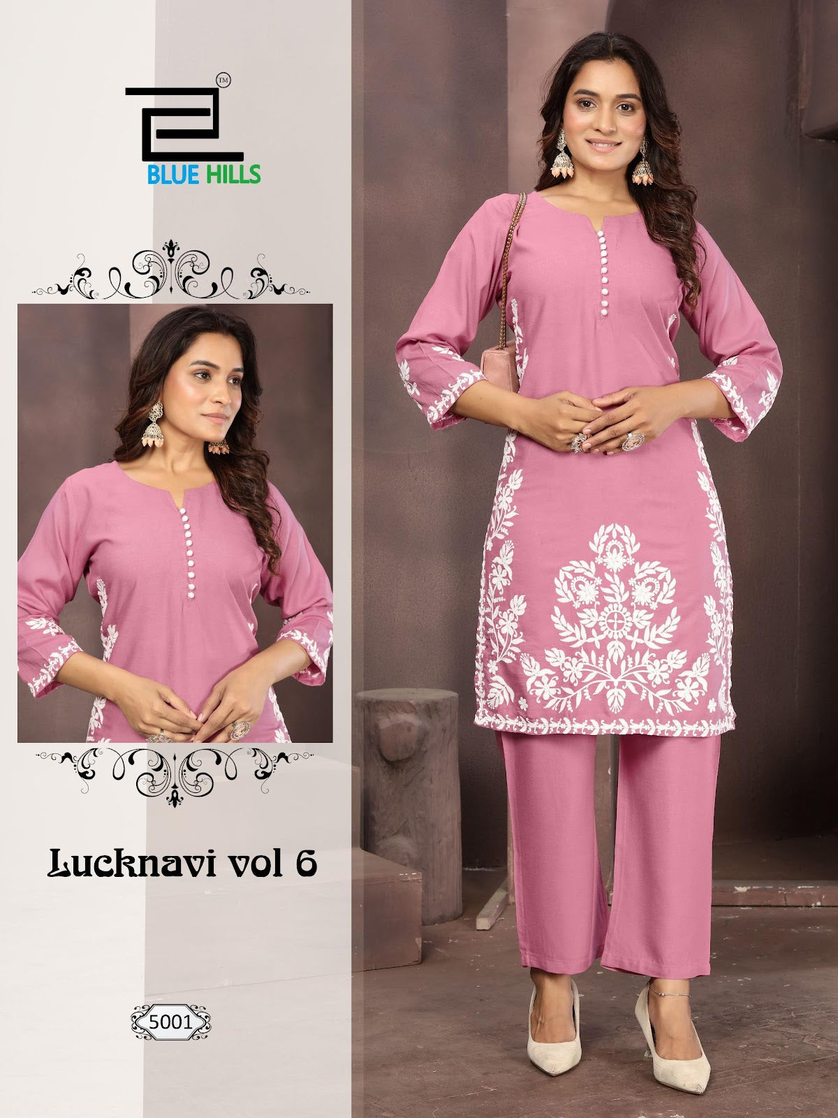 Lucknavi Vol 6 Blue Hills Rayon 14Kg Kurti Pant Set Exporter India