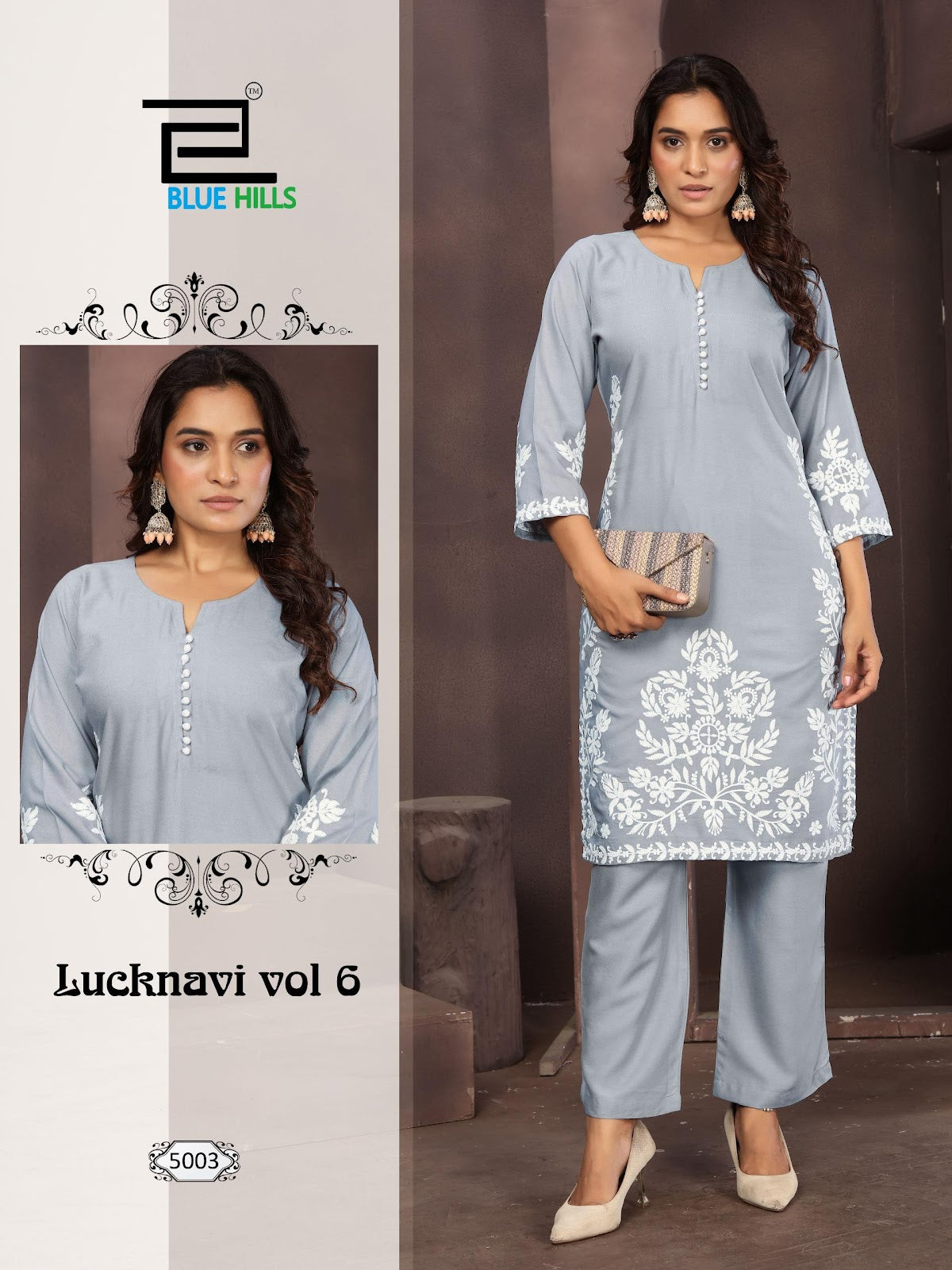 Lucknavi Vol 6 Blue Hills Rayon 14Kg Kurti Pant Set Exporter India