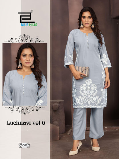 Lucknavi Vol 6 Blue Hills Rayon 14Kg Kurti Pant Set Exporter India